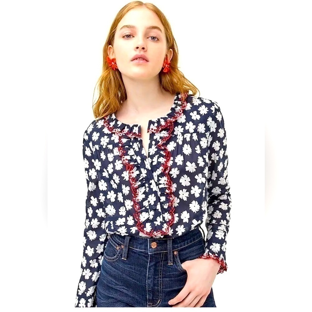 JCrew Scattered Daisies Ruffled Embroidered Popover Blouse / small